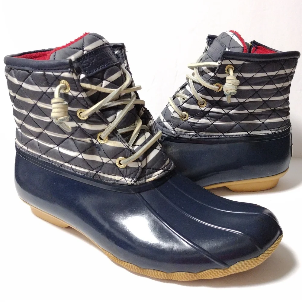 Sperry Women's Saltwater Duck Rain Lace-Up Zip Waterproof Boots in Navy Size 8
